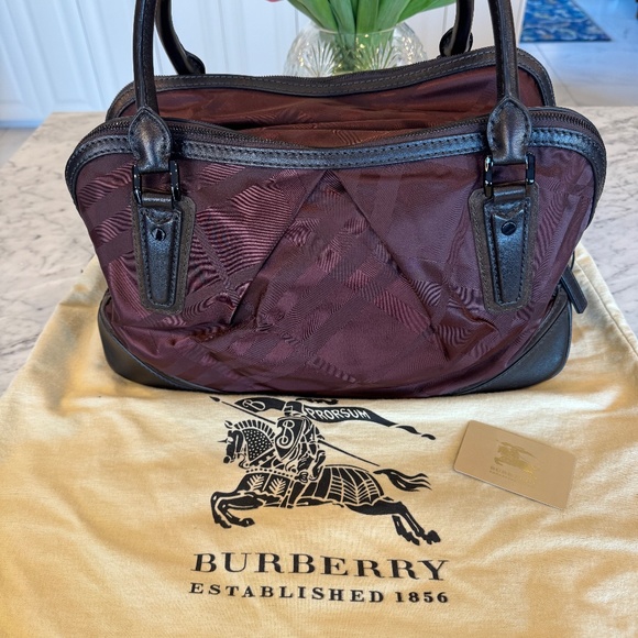 Burberry Tonal Check Burgundy Jacquard Nylon/Leather/Suede 2 zip Bowling Bag. - Picture 1 of 17